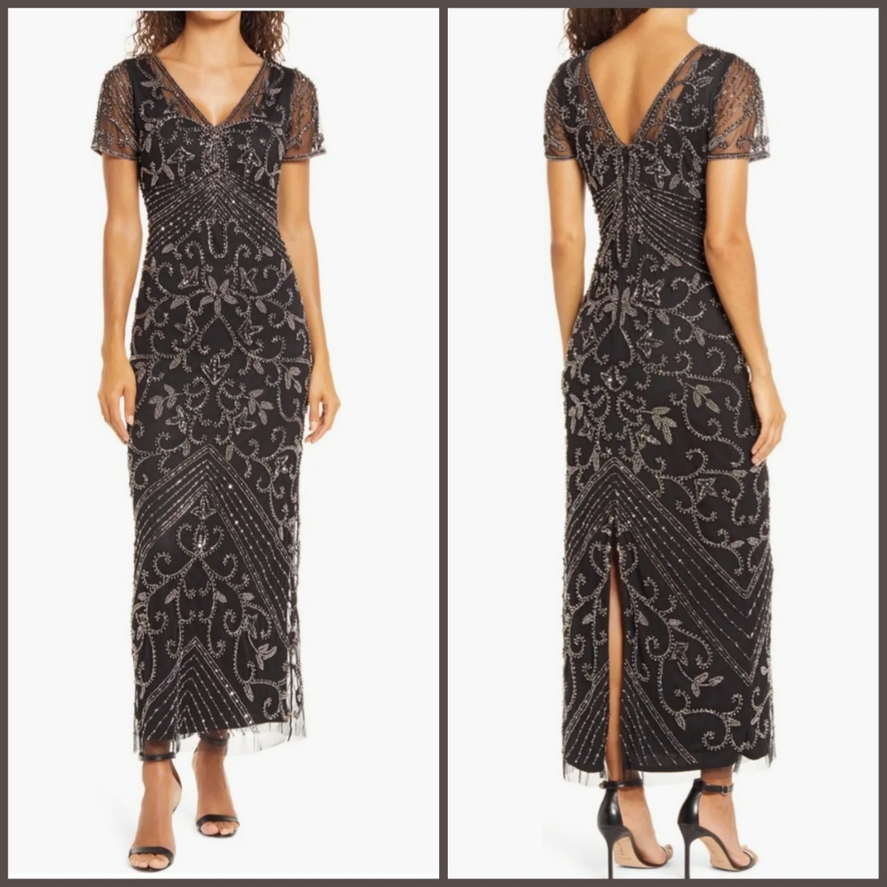 Pisarro Nights Beaded Mesh Column Gown In Black / Mercury